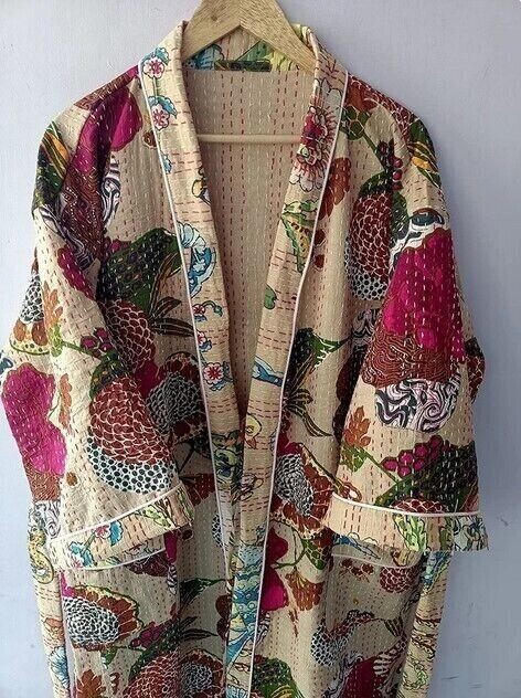 Indian Kantha Kimono Handmade Long Nightwear Gown Winter Jacket Cardigan Dress