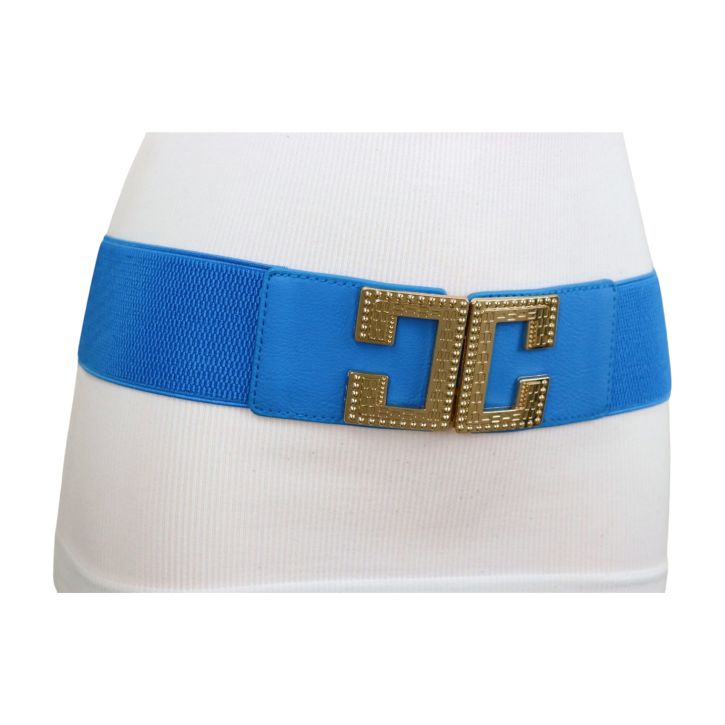 Women Blue Elastic Wide Fashion Belt Hip High Waist Gold Metal C Buckle Size S M