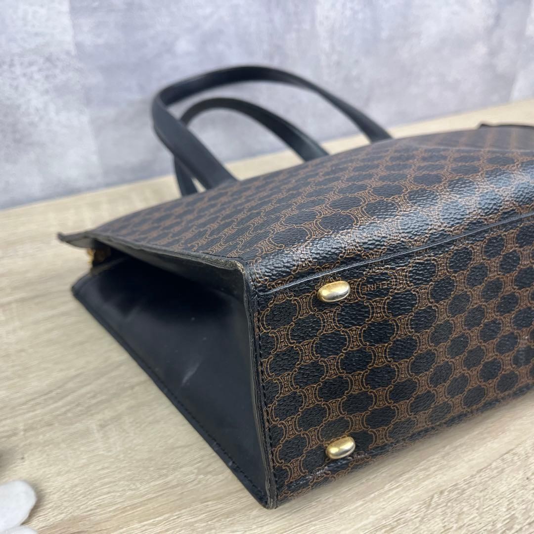 CELINE Macadam Pattern Leather Tote Handbag Dark Brown Gold Hardware Women