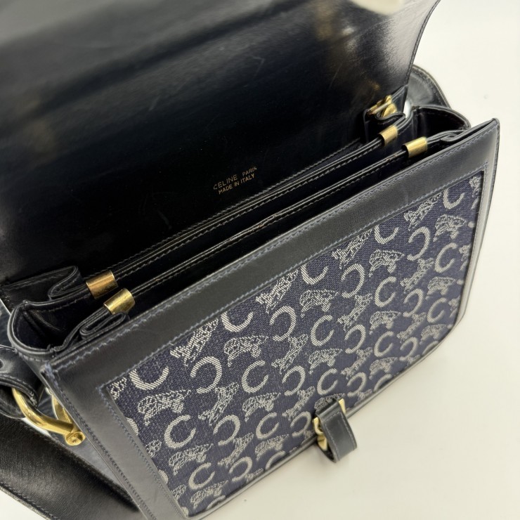 CELINE Sulky C Macadam Vintage Shoulder Bag Navy Canvas and Leather Gold-ton…