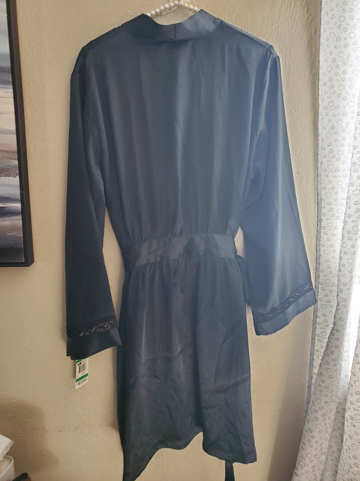 Morgan Taylor Black Satin Wrap Robe with Lace Trim L NWT