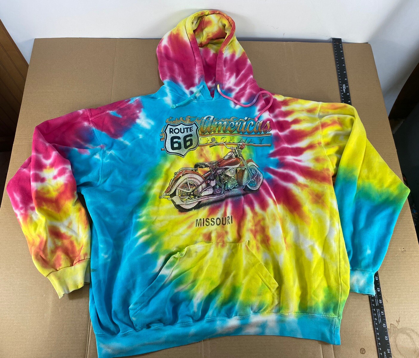 Vintage 80s 90s Tie Dye Hoody Hoodie Sweatshirt Route 66 Distressed Motorcycle