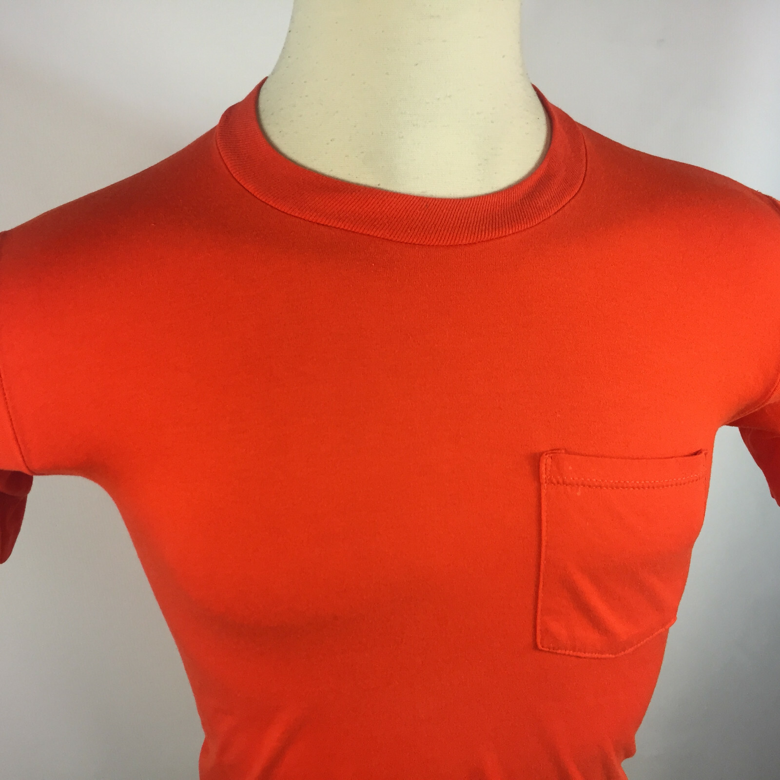 Vintage 80s 90s Blank Plain Orange Jerzees Thin Distressed Pocket Motorcycle Tee