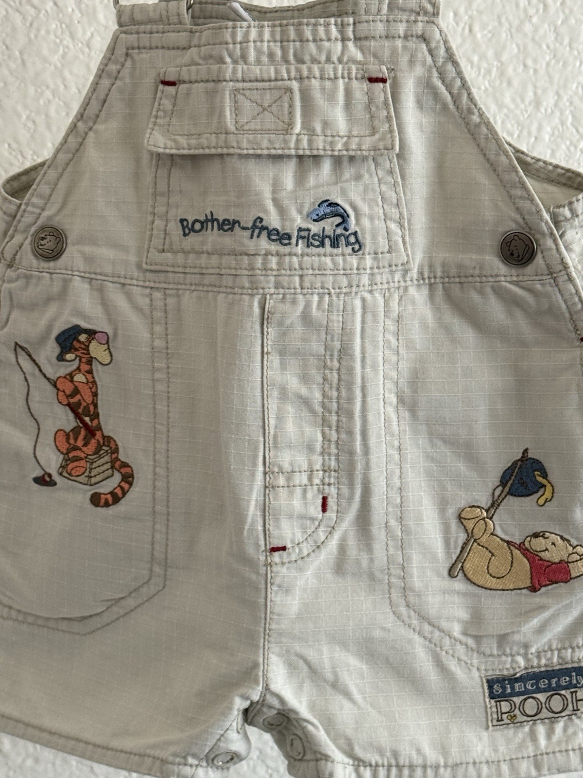 Vintage 1990s Disney “Bother-free Fishing” Winnie the Pooh shortall overalls