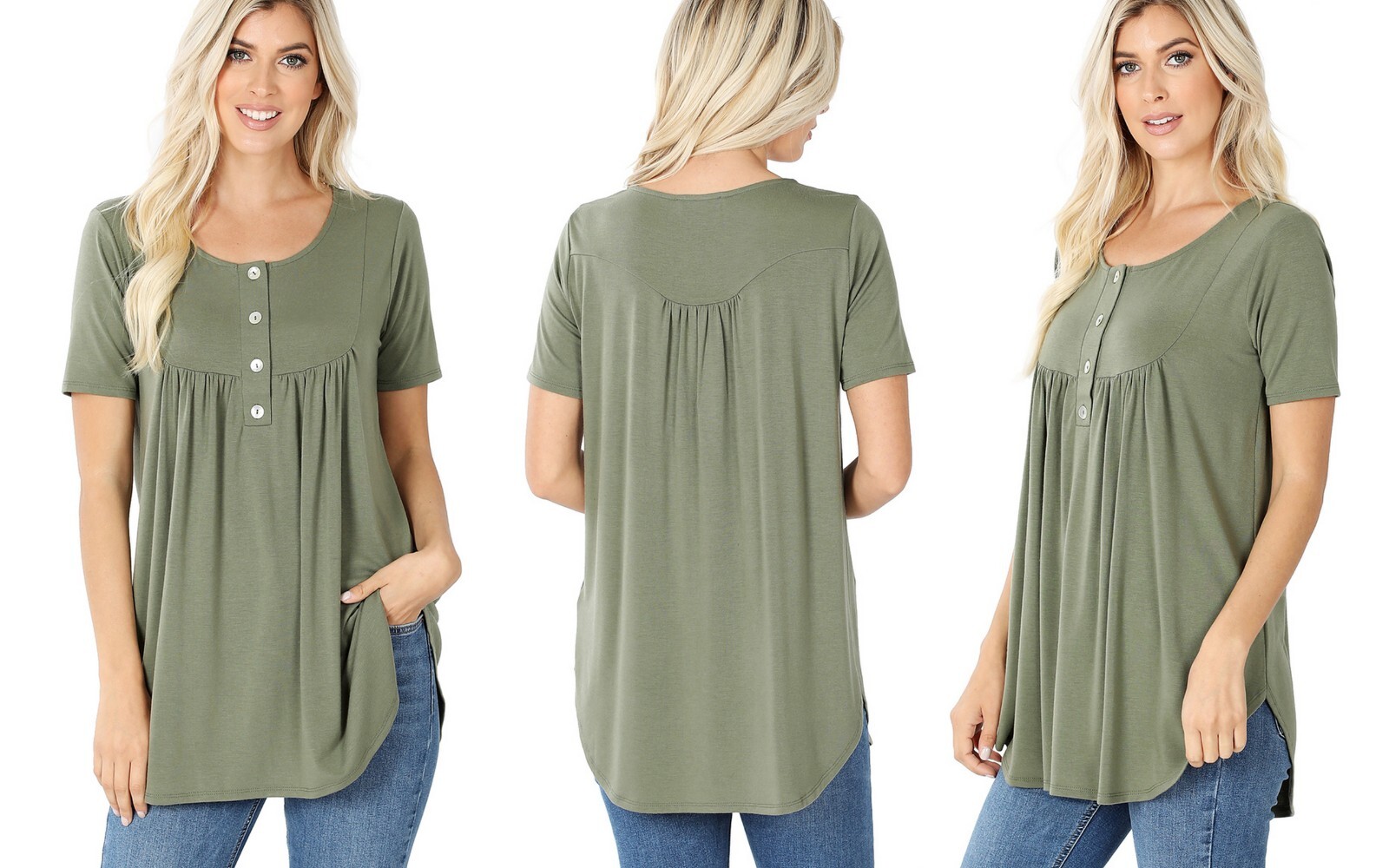 Henley Round Neck Buttons Yoke Shirring Short Sleeve Rayon Top Blouse T Shirt