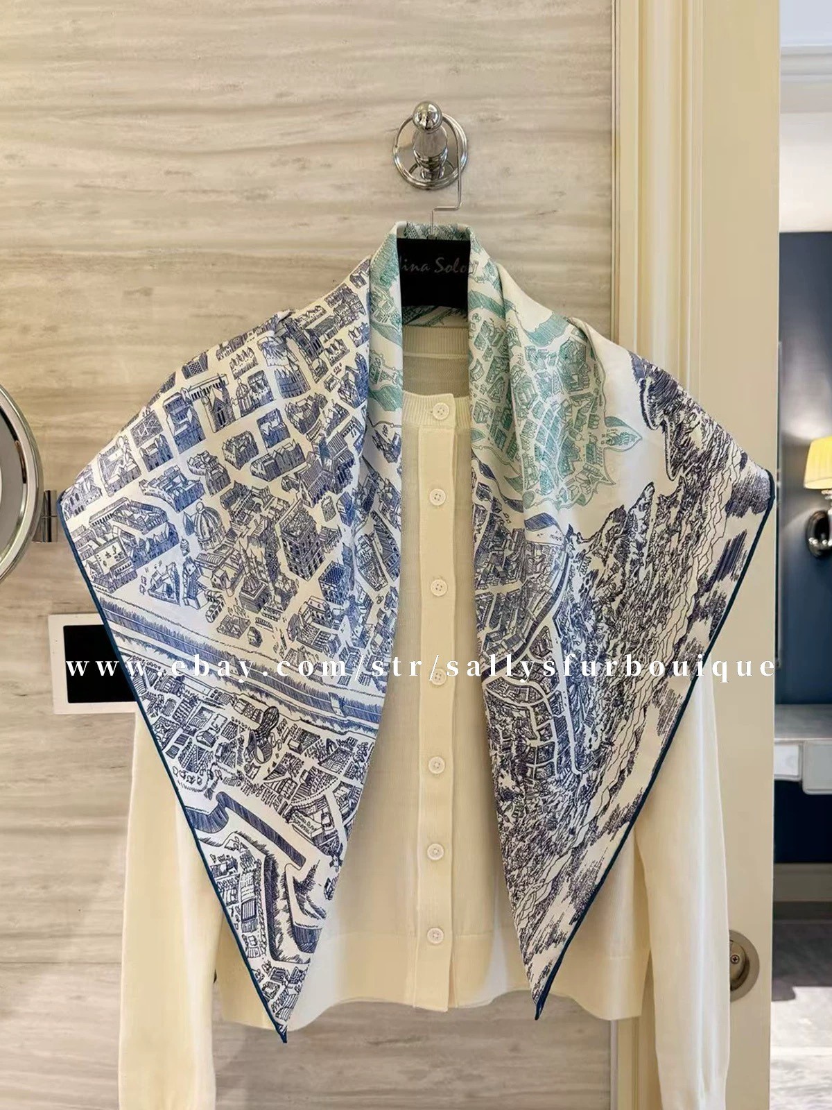 Sallys 18 Momme Twill Silk Horse City Print Wrap Scarf Double Face Shawl 35″