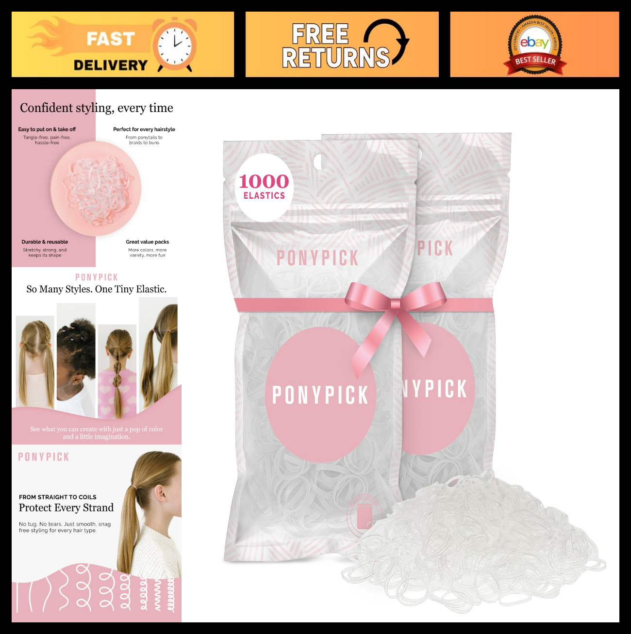 Clear Hair Elastics 1000 Pack | Strong Mini Ties for Braids, Ponytails & Buns |