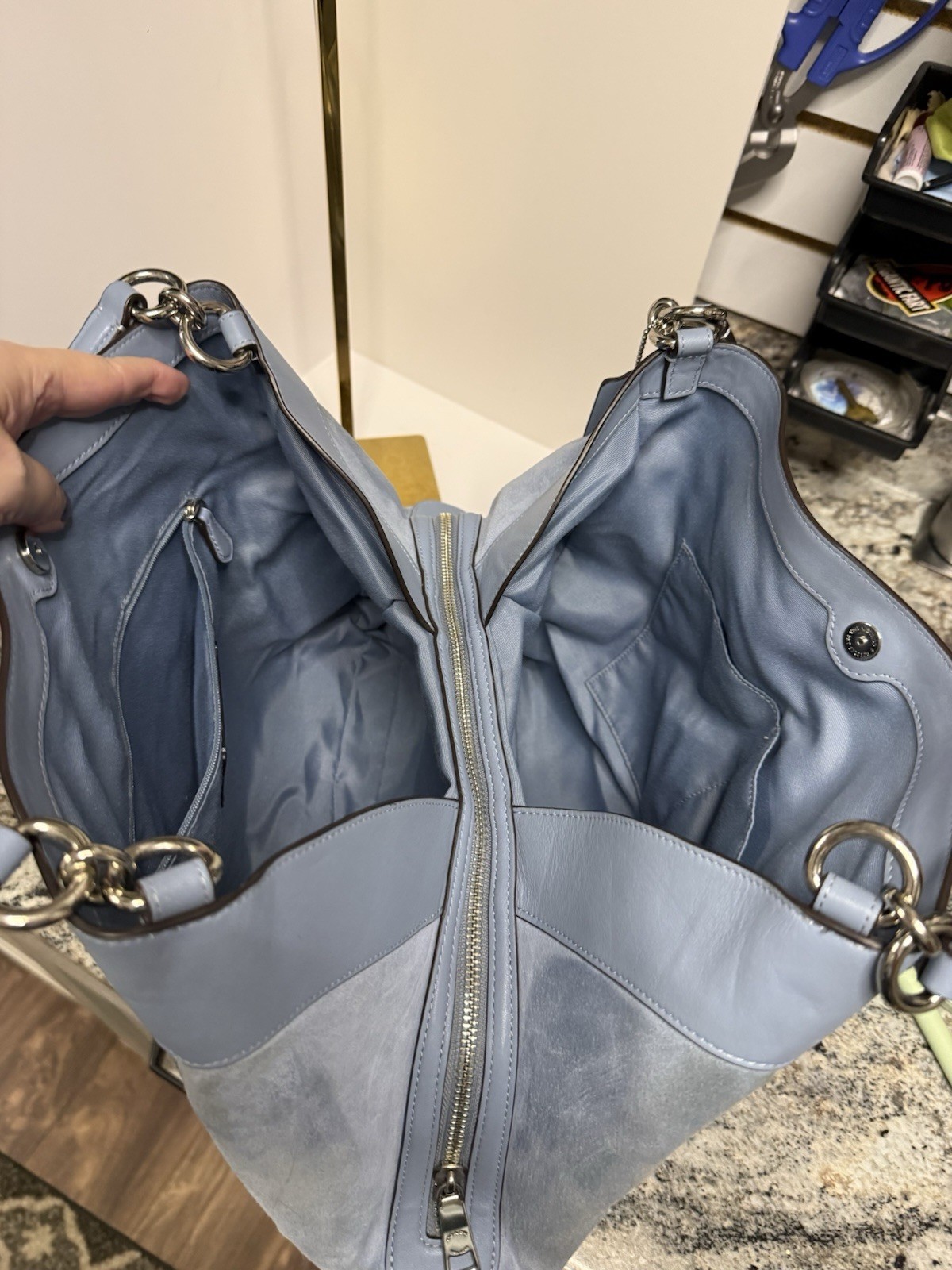 Authentic Coach J1881-F31415 Lexy Cloud Blue/Silver Pebble Leather Shoulder Bag
