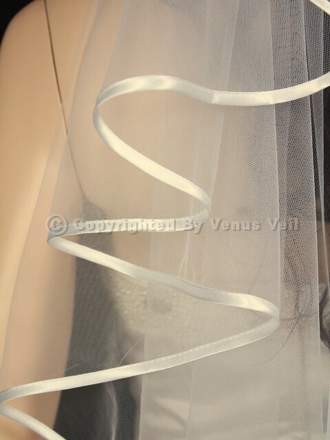 1T Ivory Elbow Length Ribbon Edge Center Cascade Bridal Wedding Veil