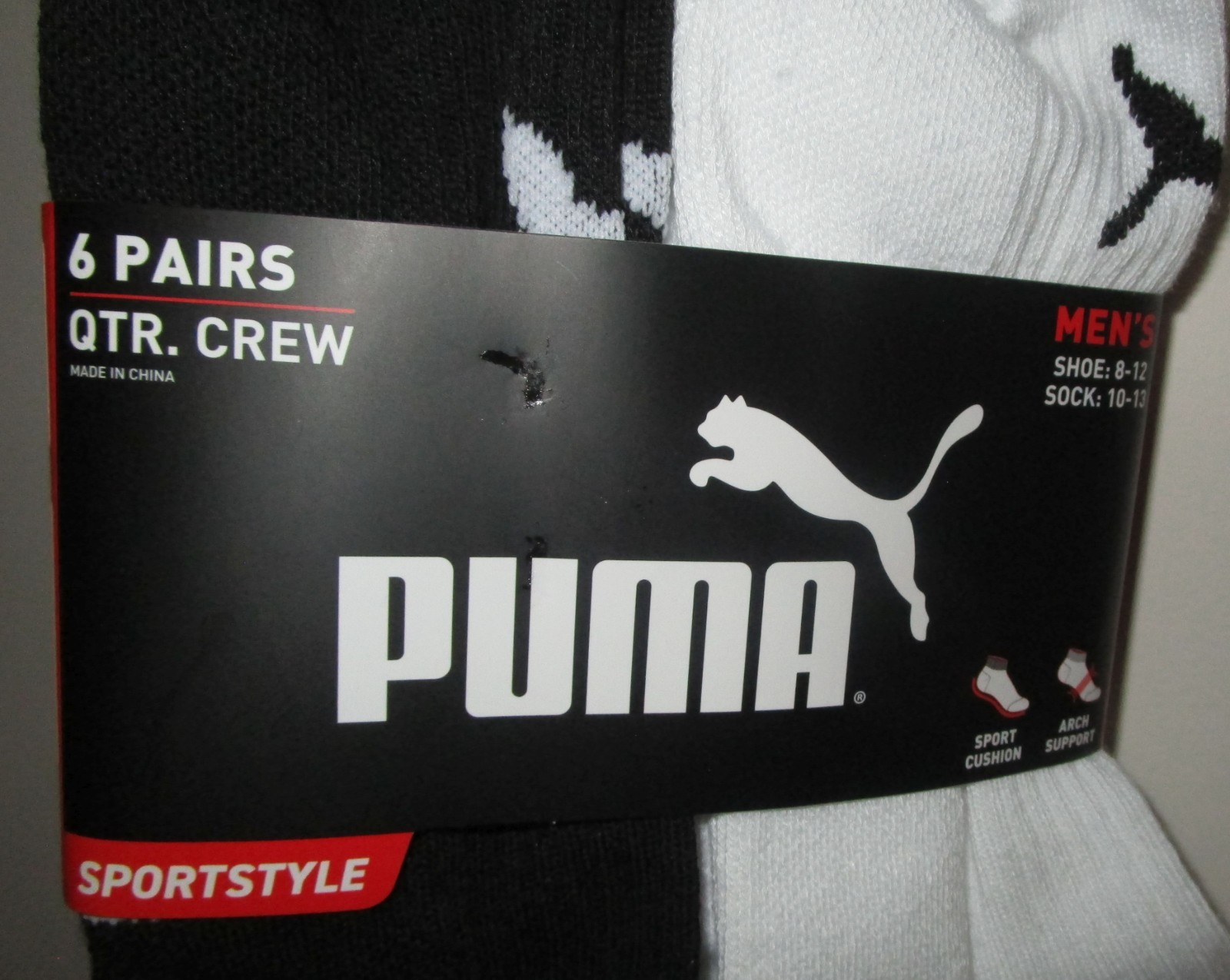 PUMA~Size 10-13~Men’s 6 Pair Black & White Sportstyle Quarter Crew Socks