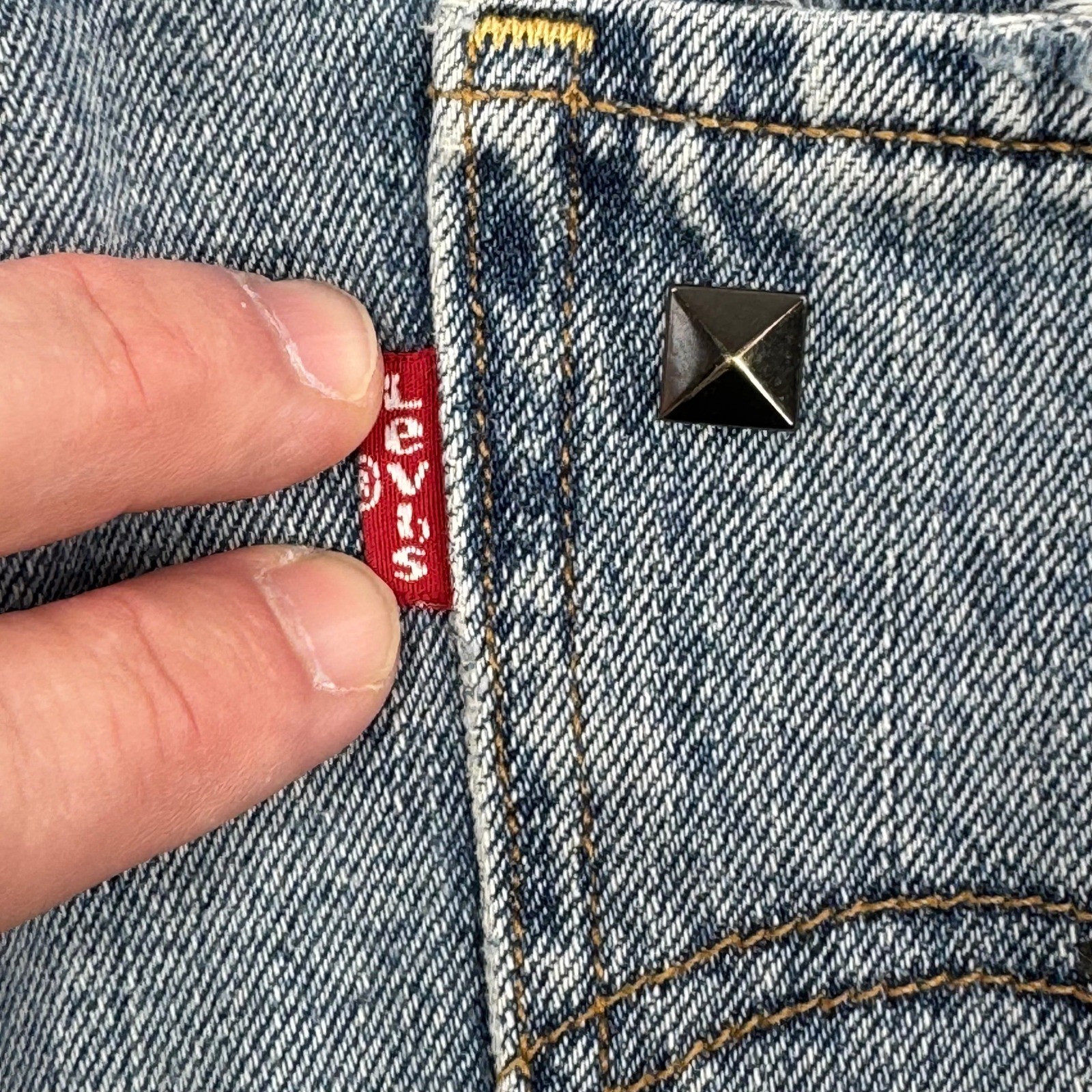 Levis Custom Studded Punk Denim Mini Skirt Metal Babe Grunge Graphic 38″ Atheist
