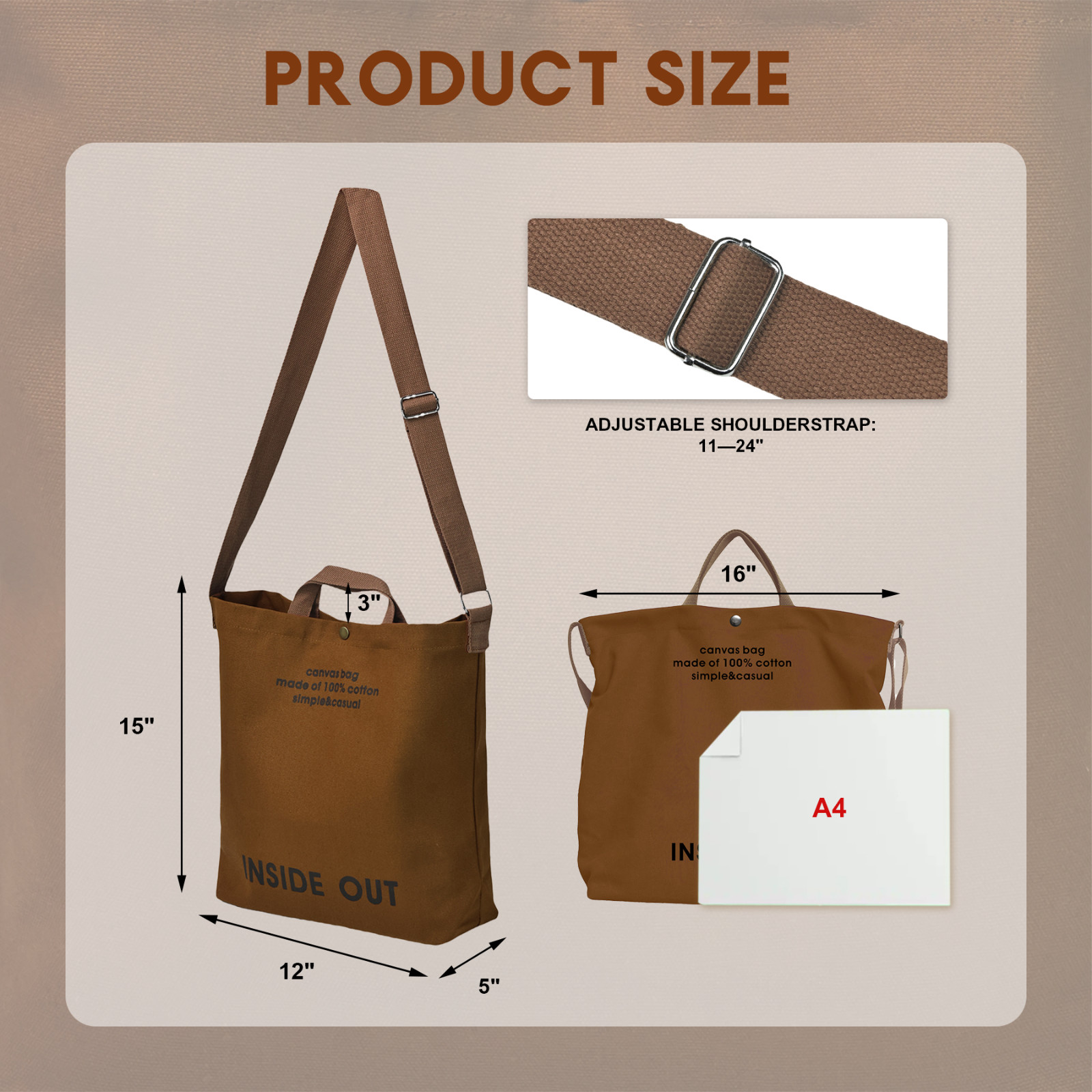 Canvas Tote Bag Inside out Bag Crossbody Bags Shoulder Bags for Work Travel