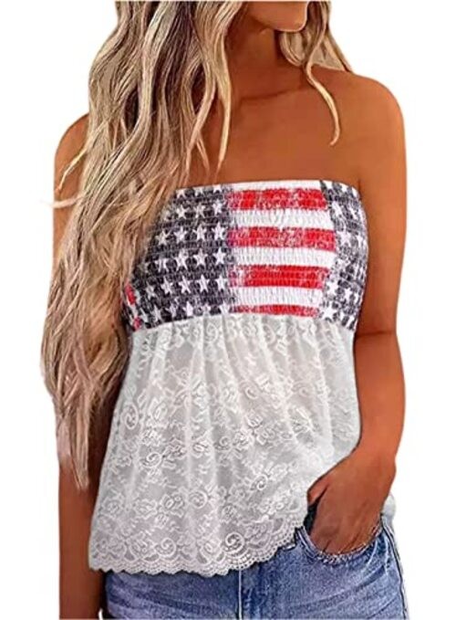 Womens American Flag Smocked Strapless Bandeau Tank Top Casual Medium As Show 6