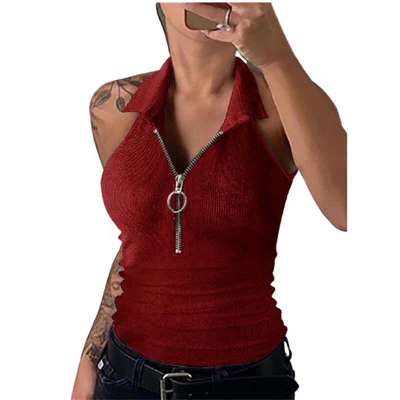 Women Tank Top Vest Zipper Sleeveless Shirt Sexy Casual Slim Top Large V-neck