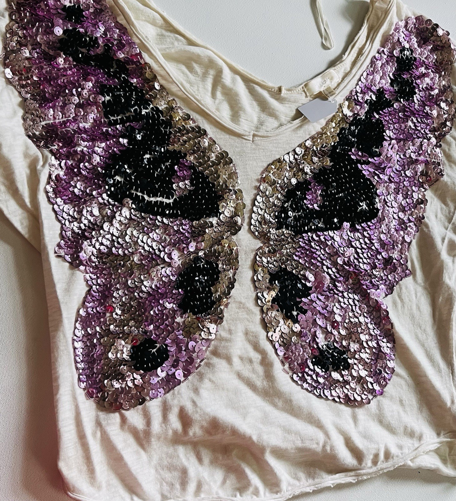 Silence + Noise White Sequin Butterfly Graphic Crop Top Cap Sleeve S