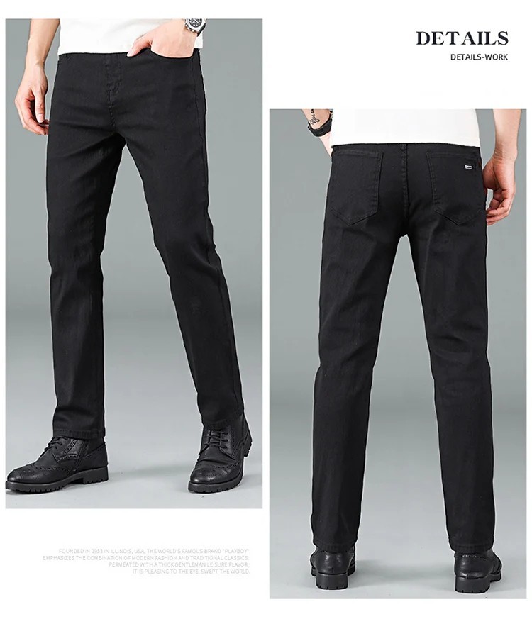 Men’s Black Straight Leg Jeans Casual Stretch Mid Waist Classic Cotton Pants