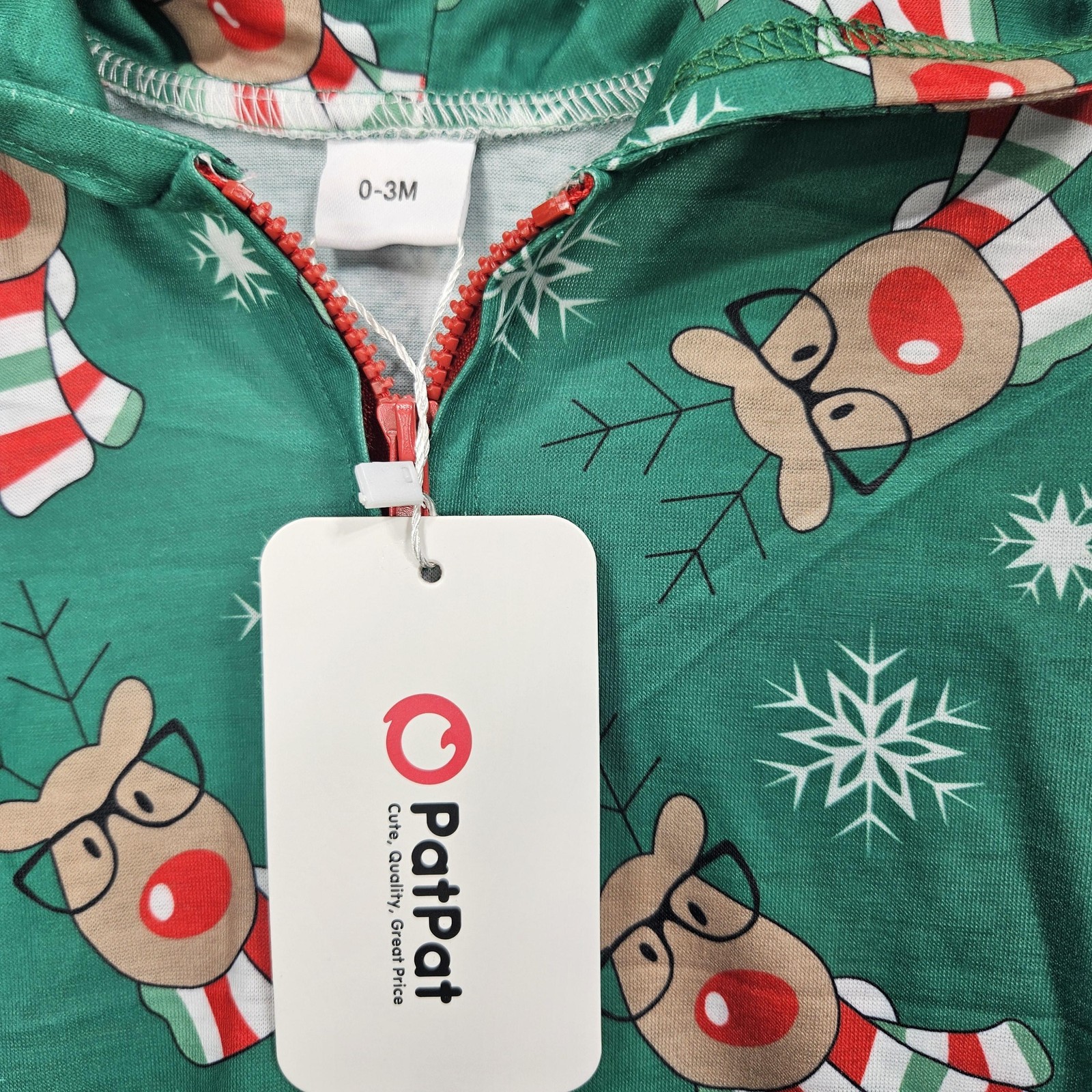 PatPat Reindeer Pajama Romper Baby 0-3M Hooded Holiday Christmas New Zip