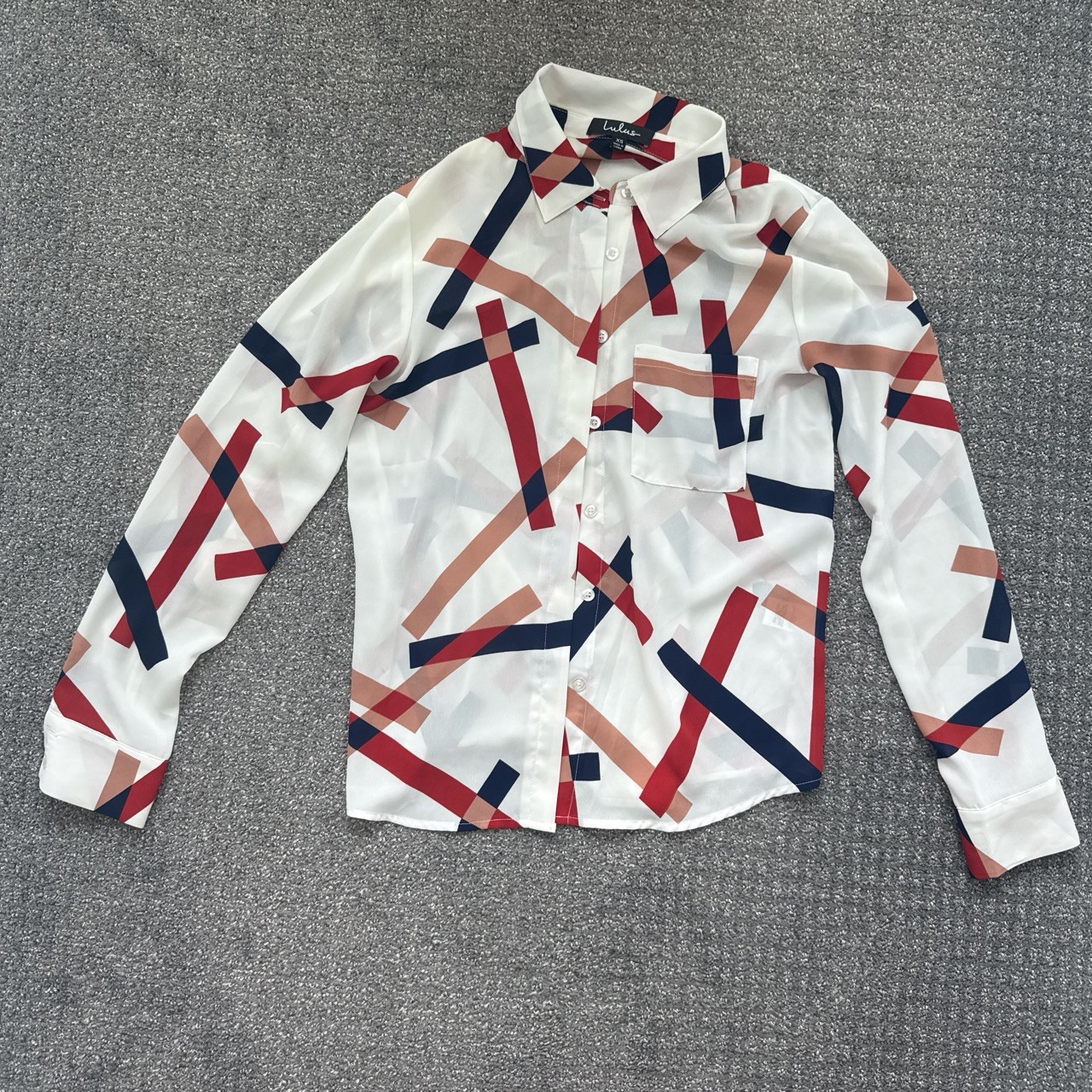 Lulus Camrose White Geometric Print Button-Up Long Sleeve Top Womens XS