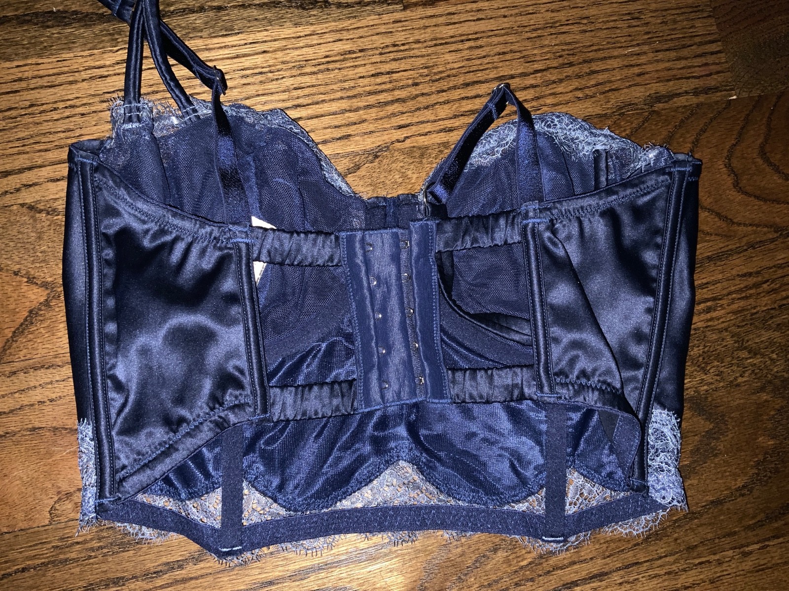 New Victoria’s Secret Bra 34DDD Panty Set deep blue large Satin Romper lace Goth