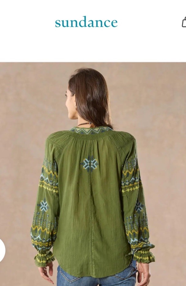 NEW SUNDANCE LIVING CATALOG Women’s Embroidered TOTORA Green Long Sleeve Top L