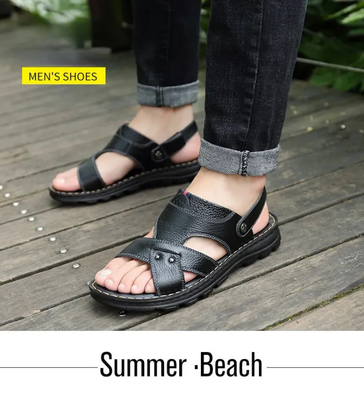 Summer Men Leather Sandals Genuine Leather Non-slip Men Shoes Slippers