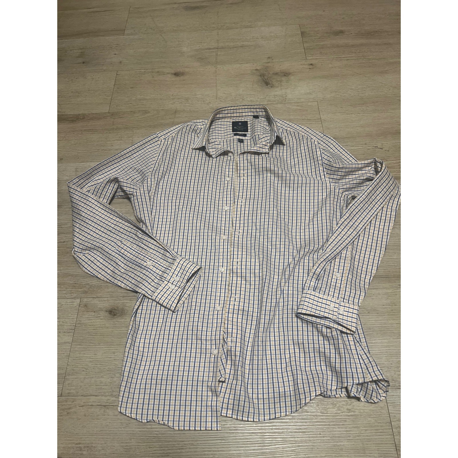 Ben Sherman Mens Sz Med Plaid Strech Button Up Shirt White Blue Yellow GBH Blitz
