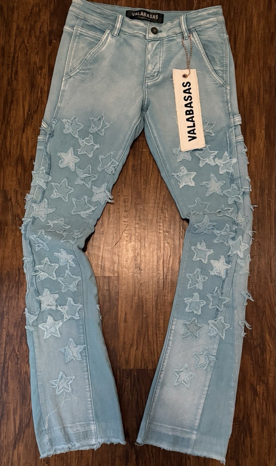Valabasas Men’s Blue Light Wash Star Patch Denim Bootcut Slim Mid Rise Jeans