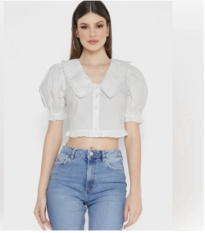 Miss Selfridge White 100% Cotton Embroidered Peter Pan Collar Puff Sleeve Blouse