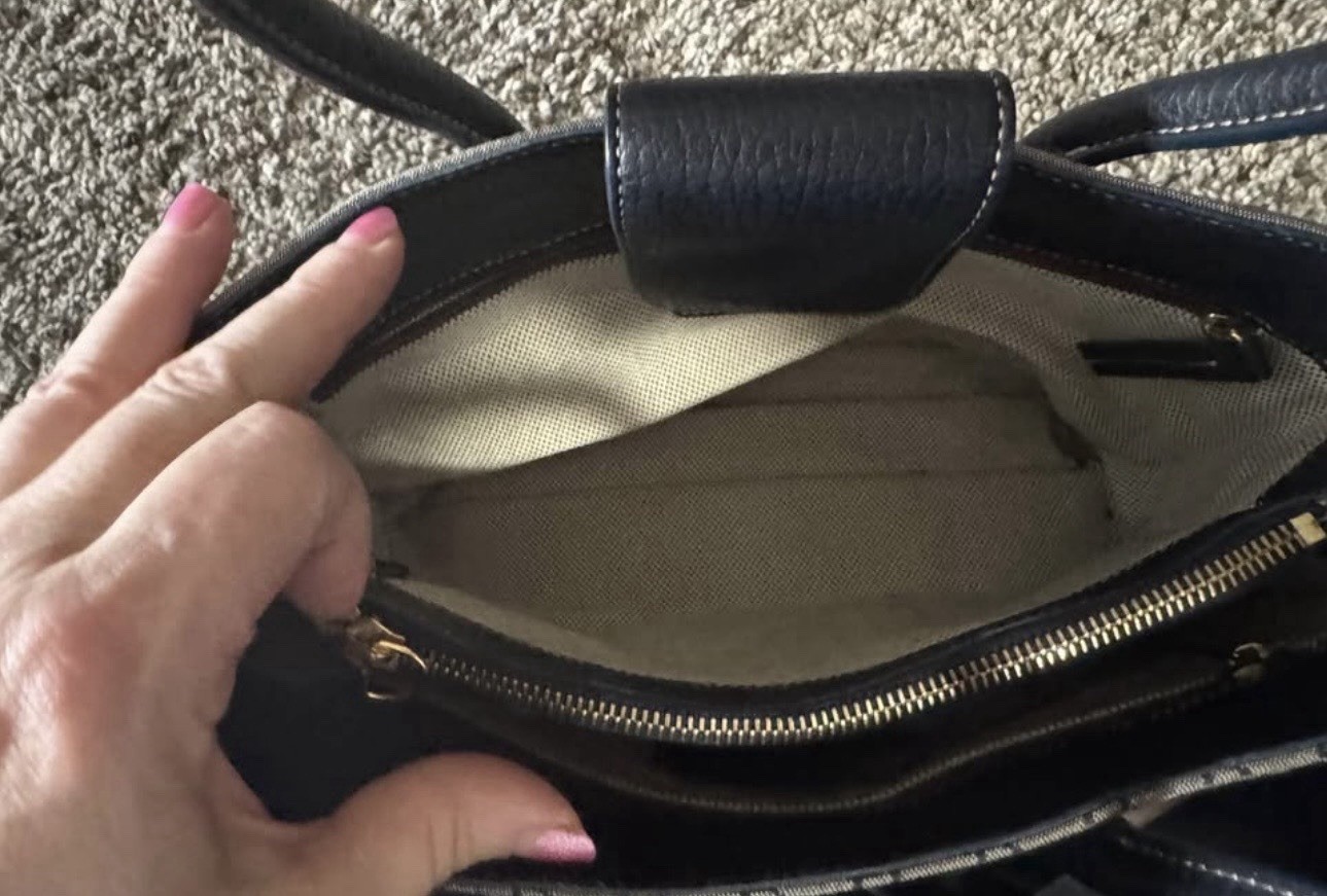Dooney & Bourke Gray & Black Monogram CanvasBlack Leather Trim Shoulder Bag