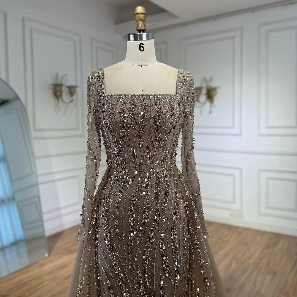 Arabian Caramel Beaded Mermaid Evening Gown with Luxury Formal Dress –