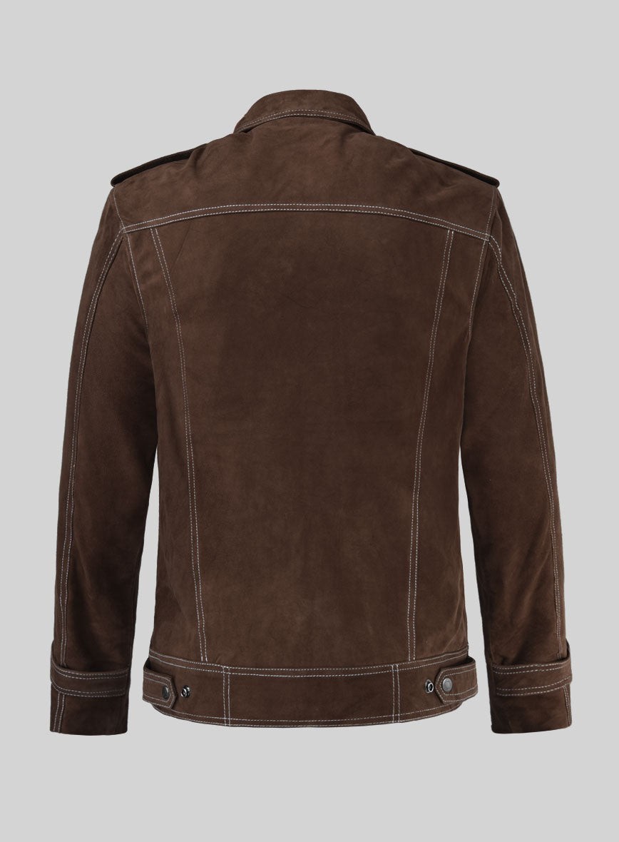 Men Brown Suede Leather Jacket Contrast Stitch Trucker Western Military Coat New