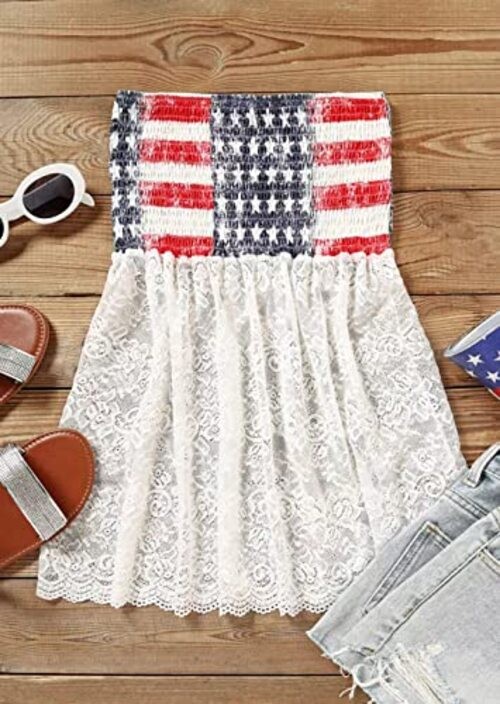 Womens American Flag Smocked Strapless Bandeau Tank Top Casual Medium As Show 6