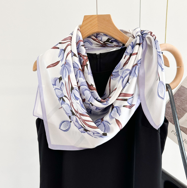 100% Silk Mulberry 35” Scarf For Women Neckerchief Wrap Flower branches Print
