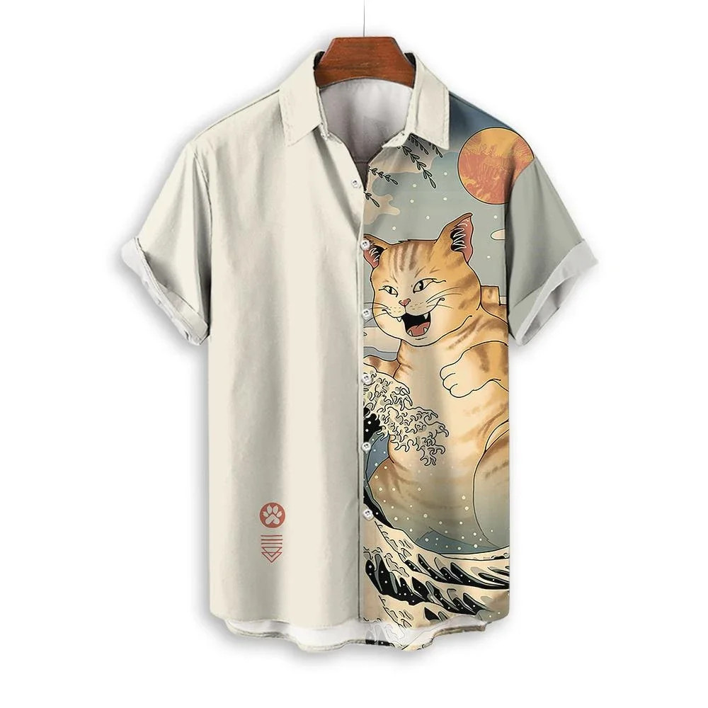 Fashion Men’s Clothing Cool Samurai Cat Tops Summer New Men’s Clothing Casual