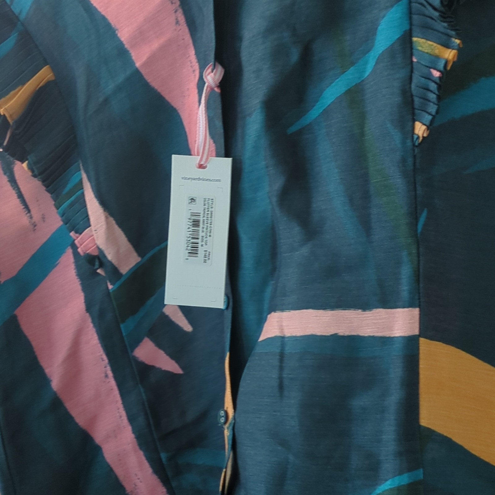 Vineyard Vines Abstract Flutter Sleeve Pintuck Woven Cotton Blouse Blue M
