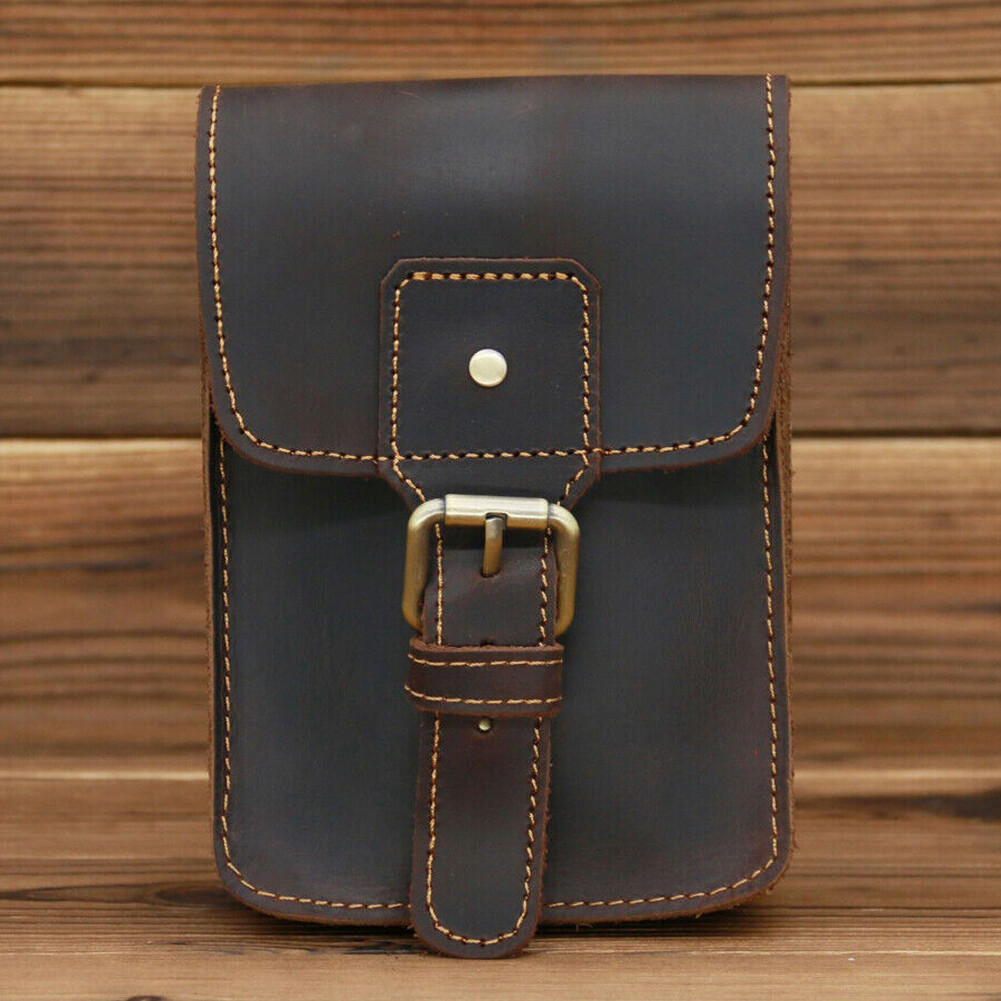 Crazy Horse Leather Men Small Waist Bag Pouch Hook Fanny Waist Belt Pack#