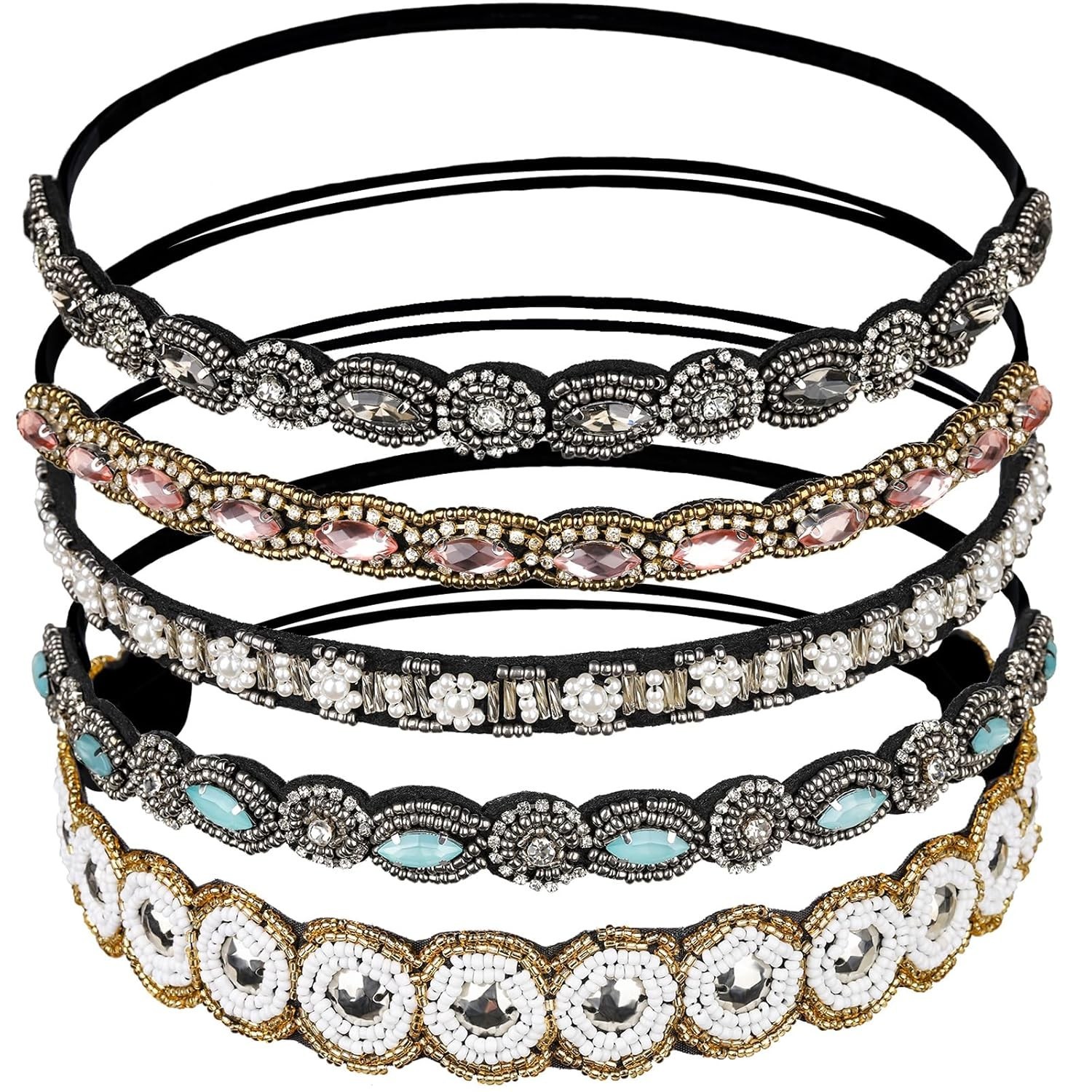 5pcs Hairbands for Women, 5 Rhinestone Beaded Headbands, Head Bands for Women…