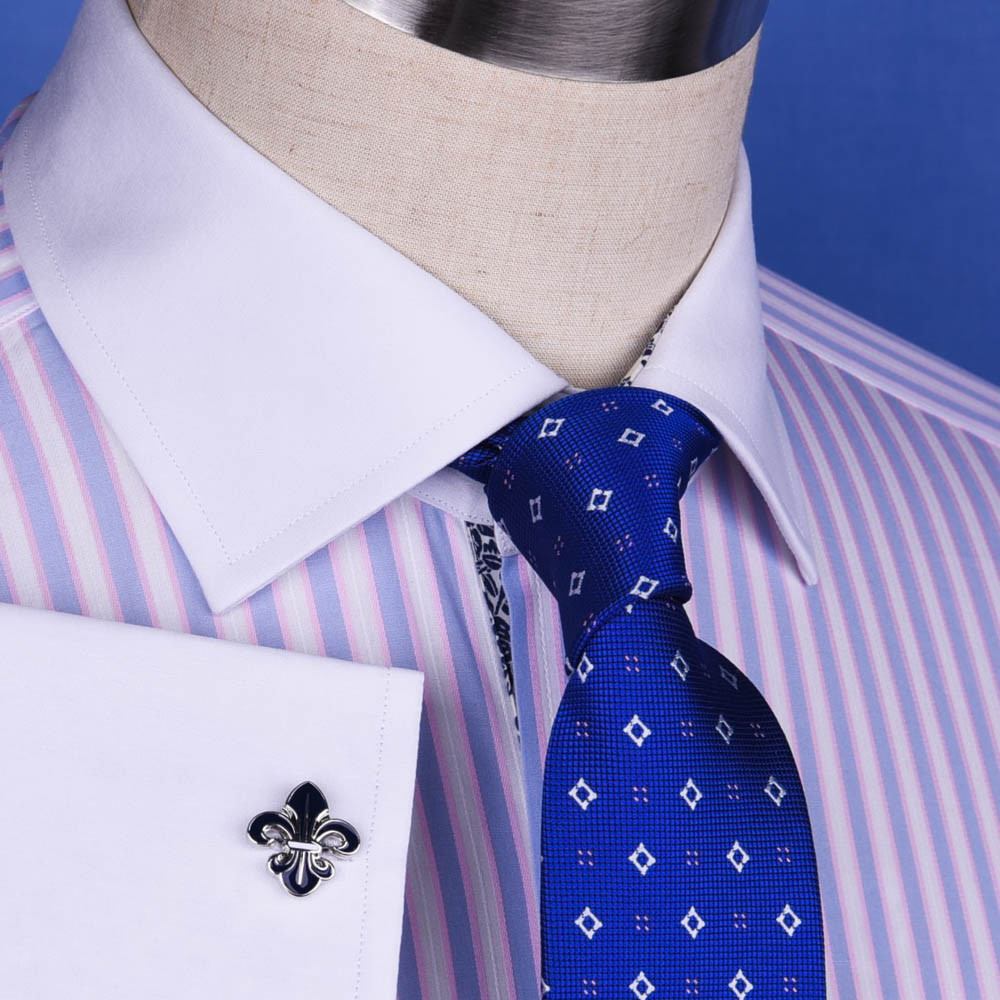 Pastel Multi-Colored Striped Dress Shirt White Poplin Contrast Cuff Business Top