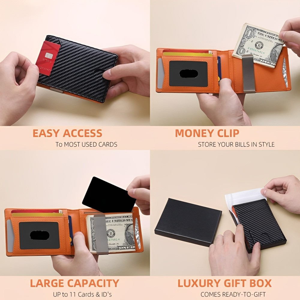 Men’s Slim PopUp Bifold Carbon Fiber Wallet, RFID Blocking, Money Clip, Men Gift