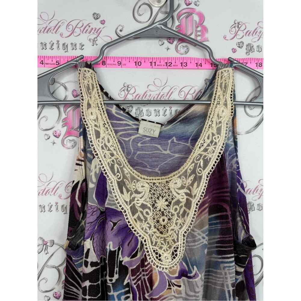 Suzy Shier tank top crochet swirl Purple Floral Lace-Trim Tank Top