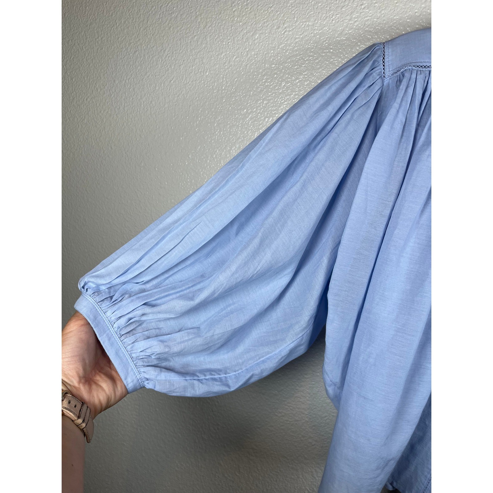 NWT Madewell Shirred Crewneck Button-Up Top Tranquil Blue Extra Small