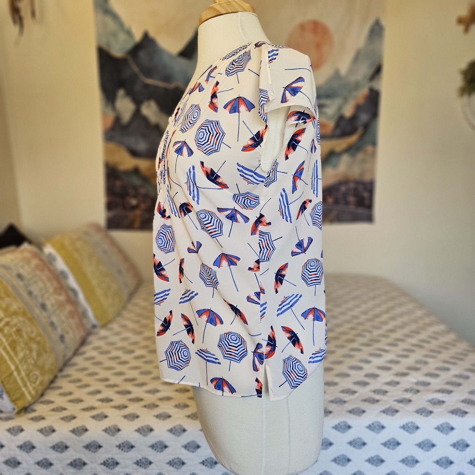 Talbots Petite PS Umbrella Print Blouse Cap Sleeve Nautical Beach Top Small