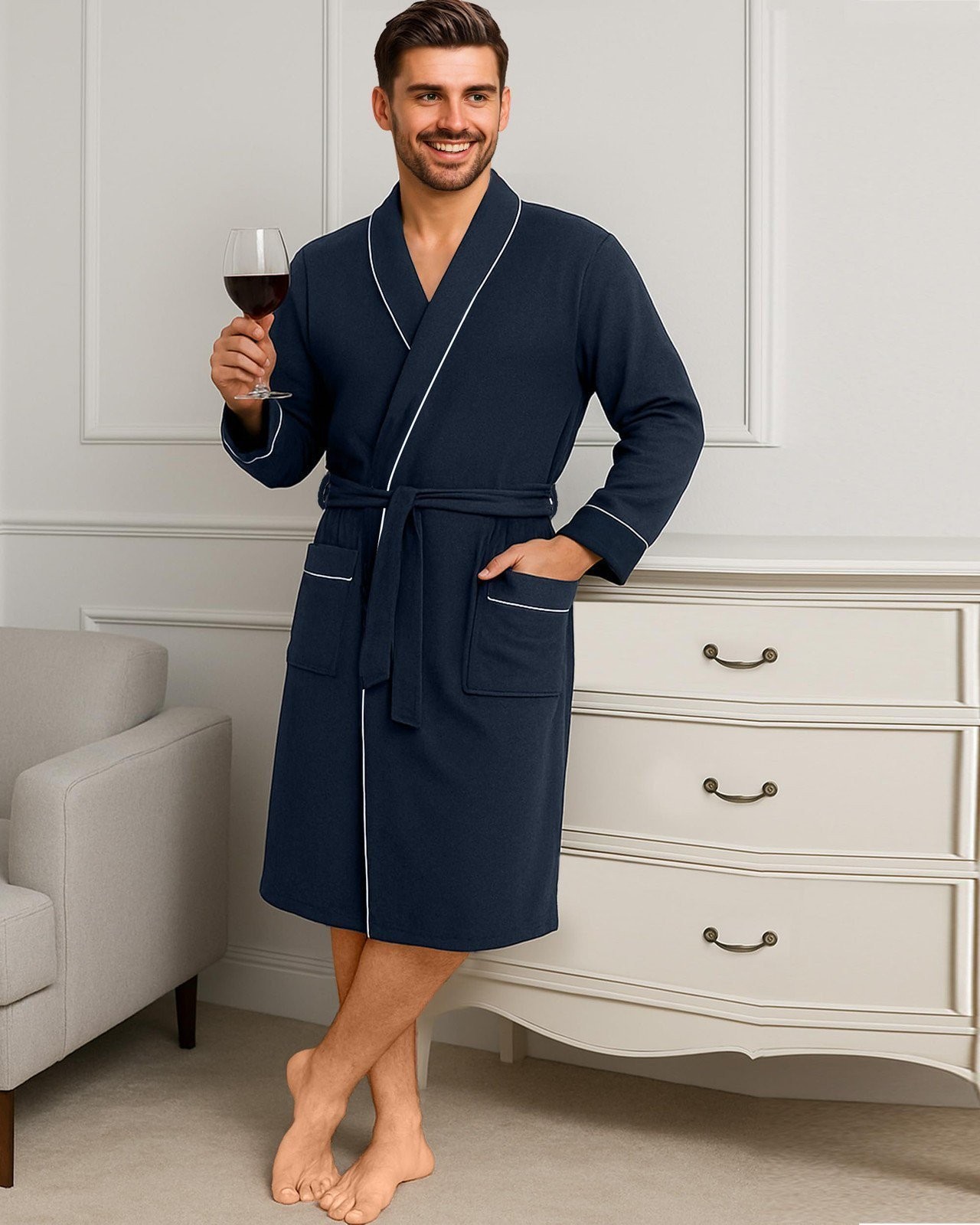 NY Threads Men’s Robe Cotton Blend Knit Bathrobe, X-Large, Navy