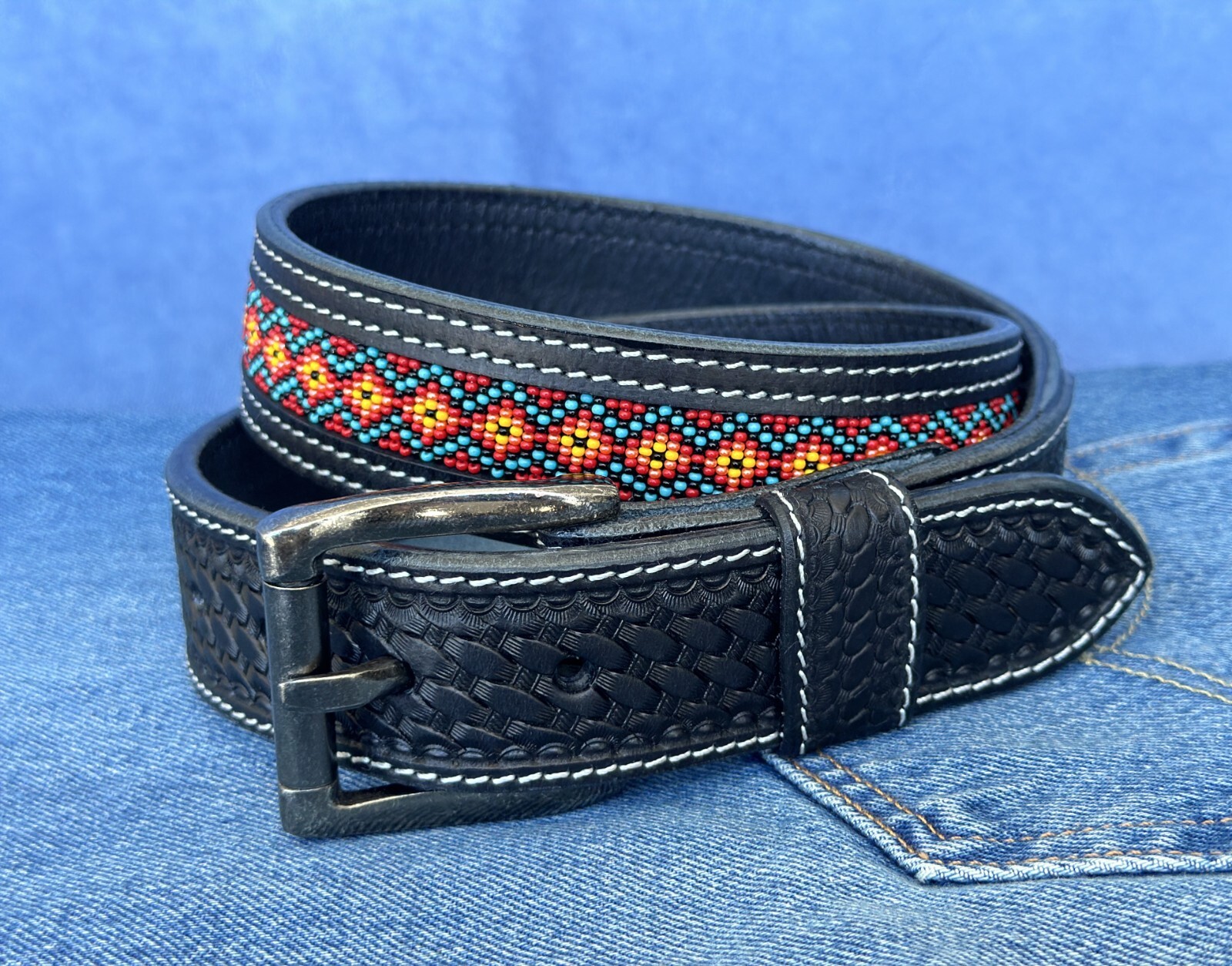 Western Belt Handmade Embossed Full Grain Leather Heavy Duty With Removal Buckle