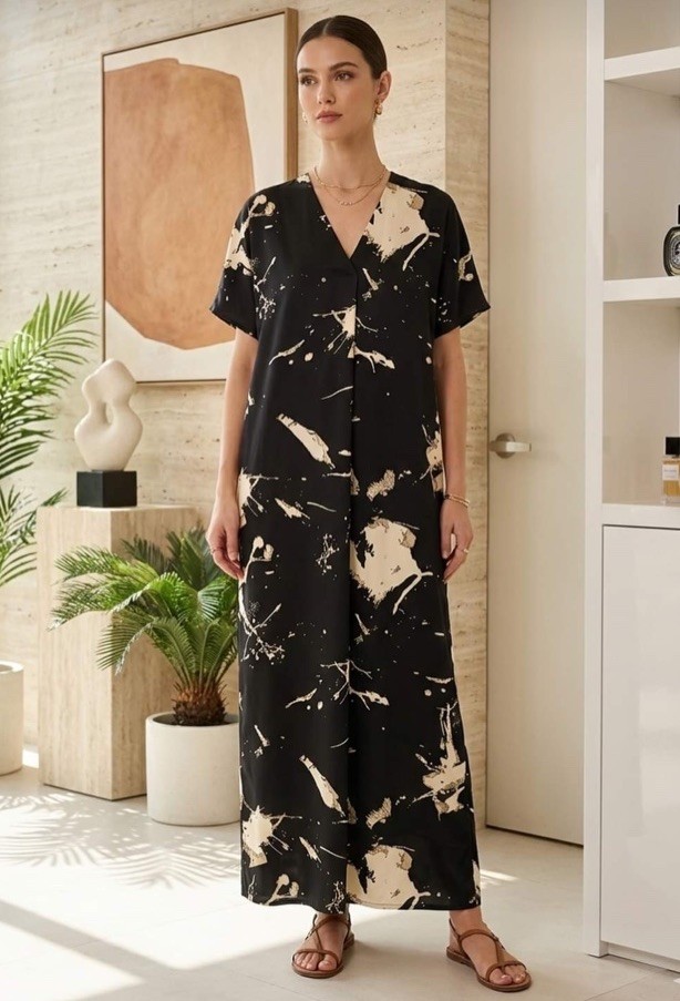Before You w/ Love Kaftan Style Maxi Dress Abstract Print Minimalist Medium NWTs