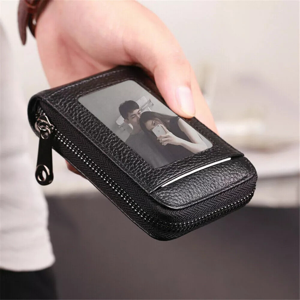 Leather Credit Card Holder RFID-Blocking Zipper Pocket Wallet with ID Window