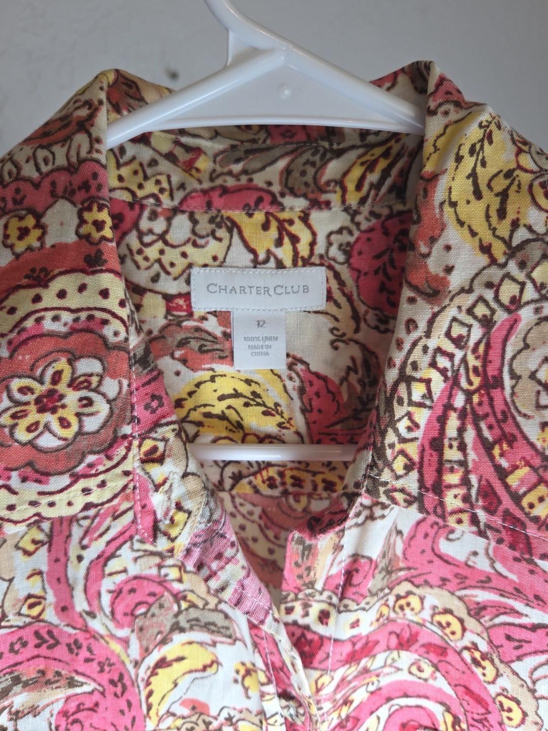 Charter Club Pink Paisley Printed Button Down Pockets Linen Shirt Size 12