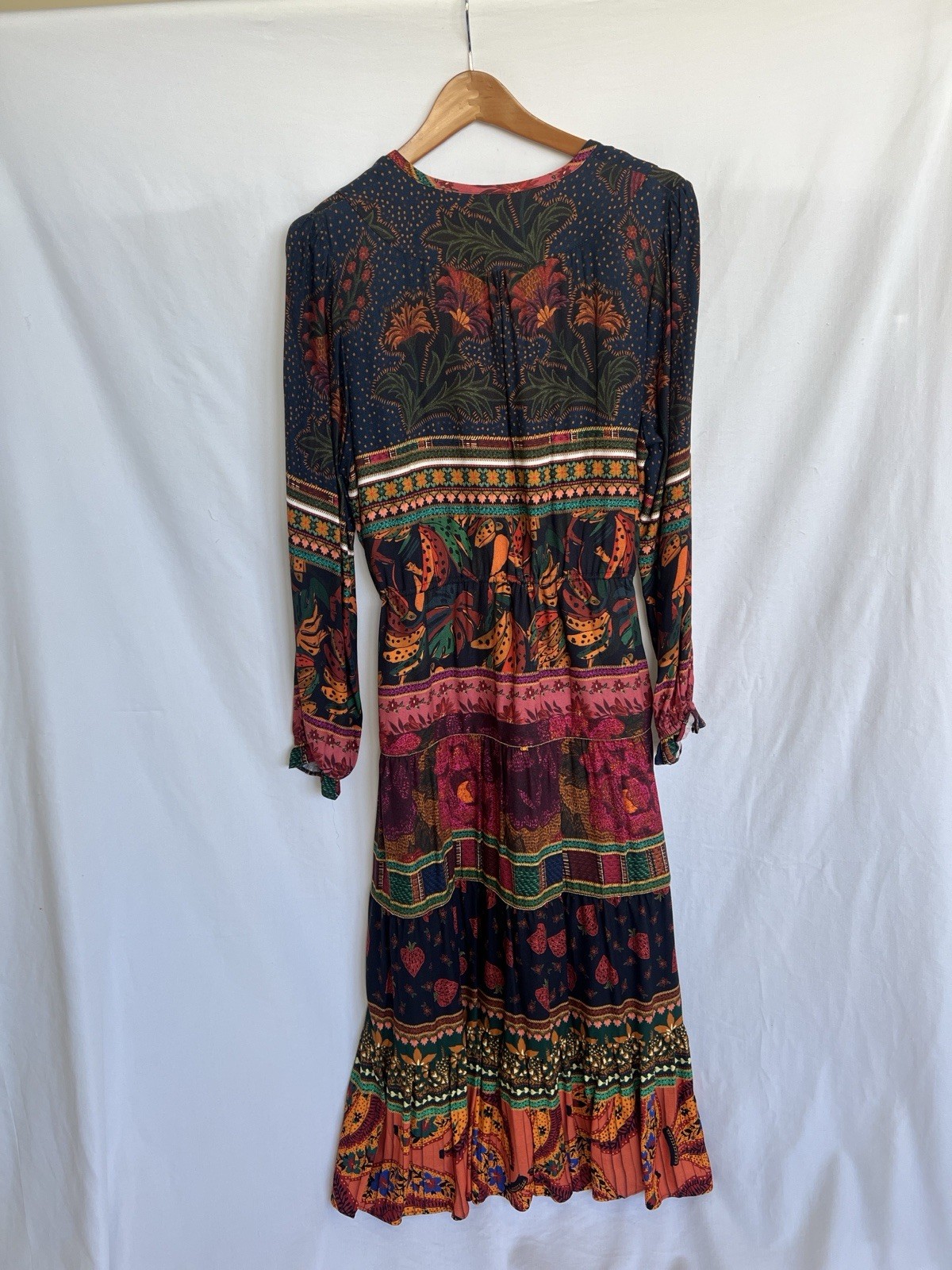 Farm Rio Mixed Patchwork Midi Dress with Tie Neck Dress M