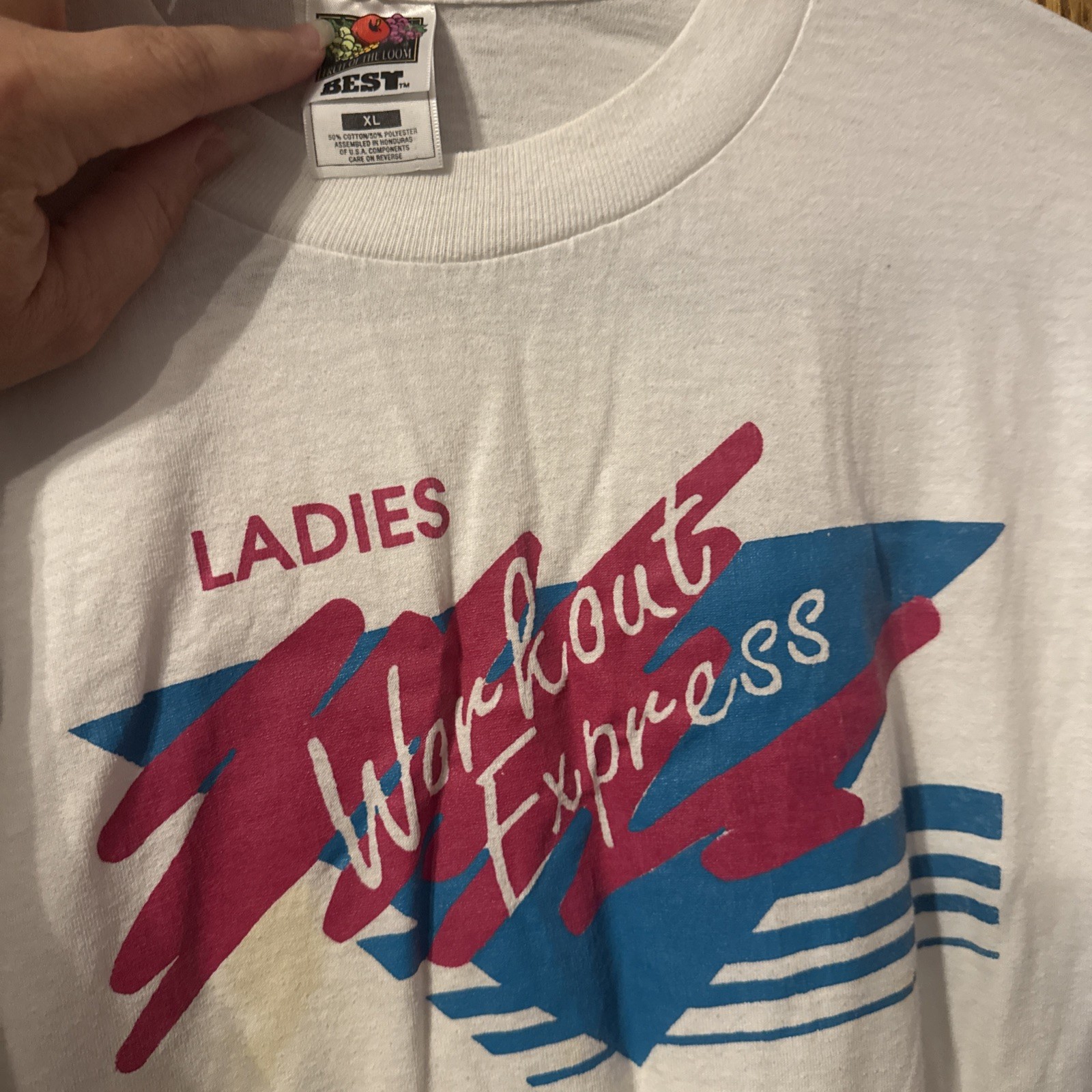VTG 90s XL Ladies Workout Express T-Shirt Single Stitch Neon Gym 50/50 Hanes Tee