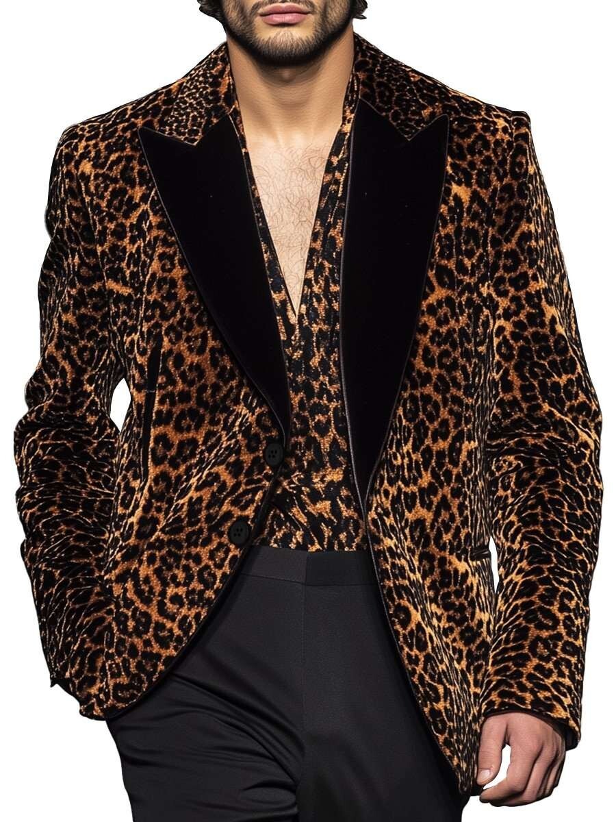 Men’s Leopard Print Blazer Peak Lapel Trendy Jacket Vest Party Show Wear 2 Pcs